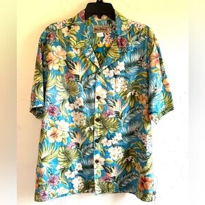 Blue Hawaii Floral Button Down Short Sleeve 100% Cotton Hawaiian Shirt Sz L